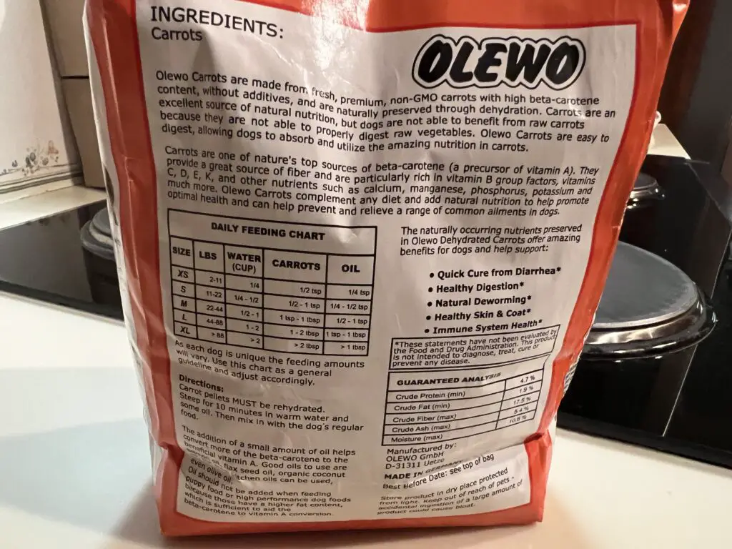 Olewo Carrots for dogs nutrutional info