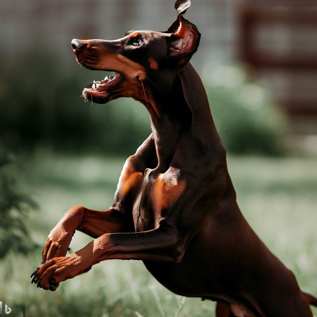 A Doberman jumping