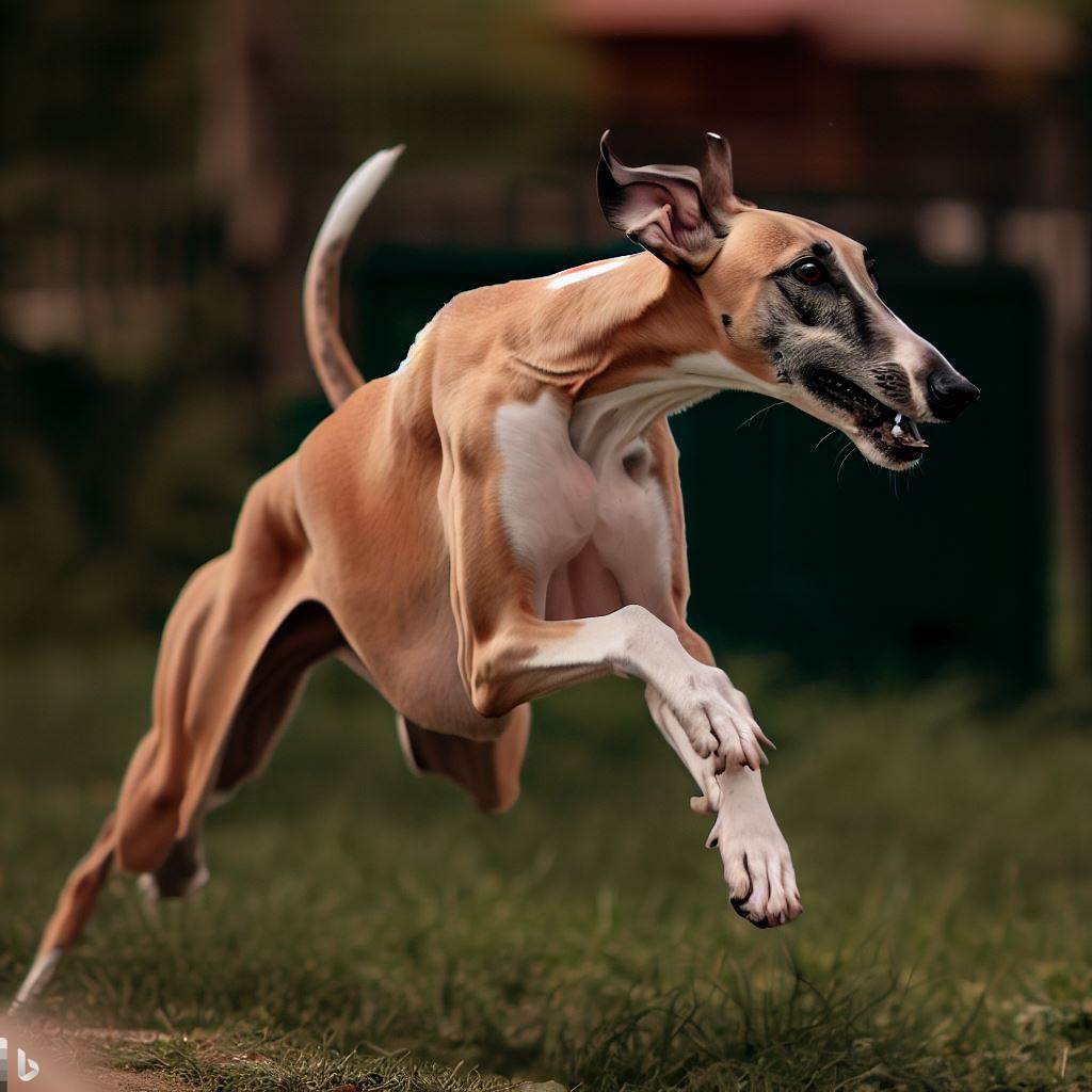 Greyhound playing in the yard